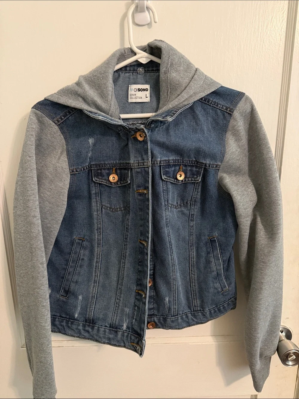 Ci Sono Blue Denim Jacket with Gray Hoodie Sleeves